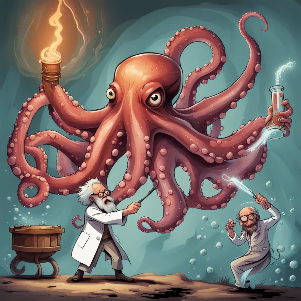 Biblical mad scientist battles biblical octopus