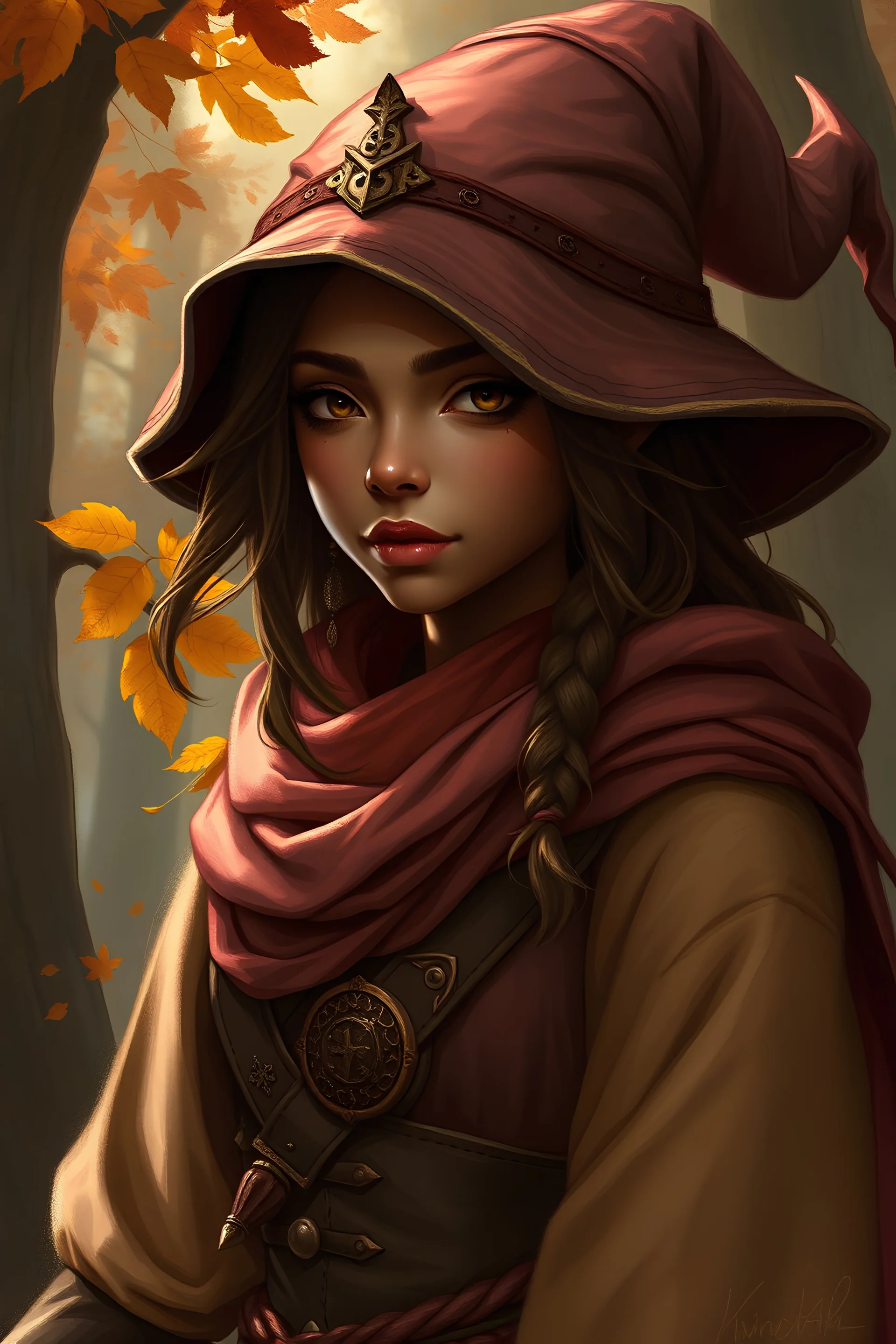 Brown skinned Female autumn Eladrin wizard student