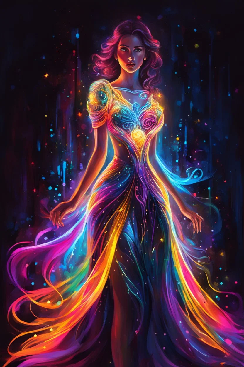 Beautiful woman with dress painting art neons glowing light in the dark and colorful details