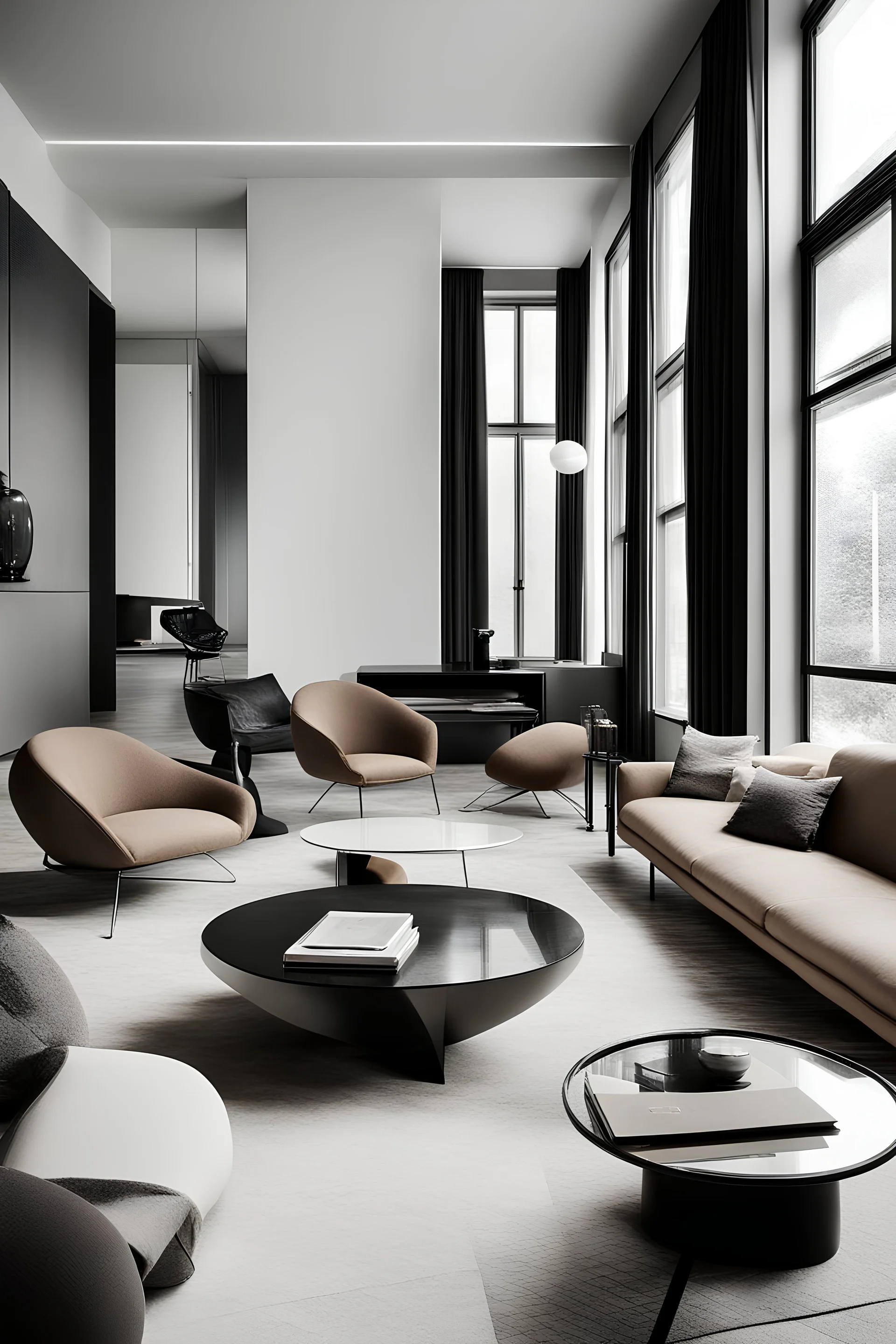 Describe an interior in the Bauhaus style, characterized by spaciousness, clean lines, and a refined color palette. Highlight the geometric clarity and minimalist shapes, with particular emphasis on the interplay of contrasting elements for a sophisticated ambiance.