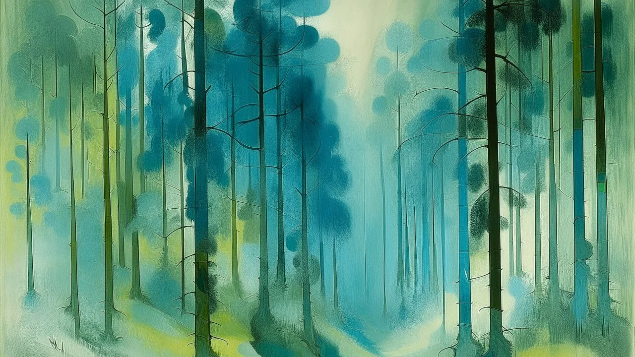 A cyan forest covered in thick fog painted by Wassily Kandinsky