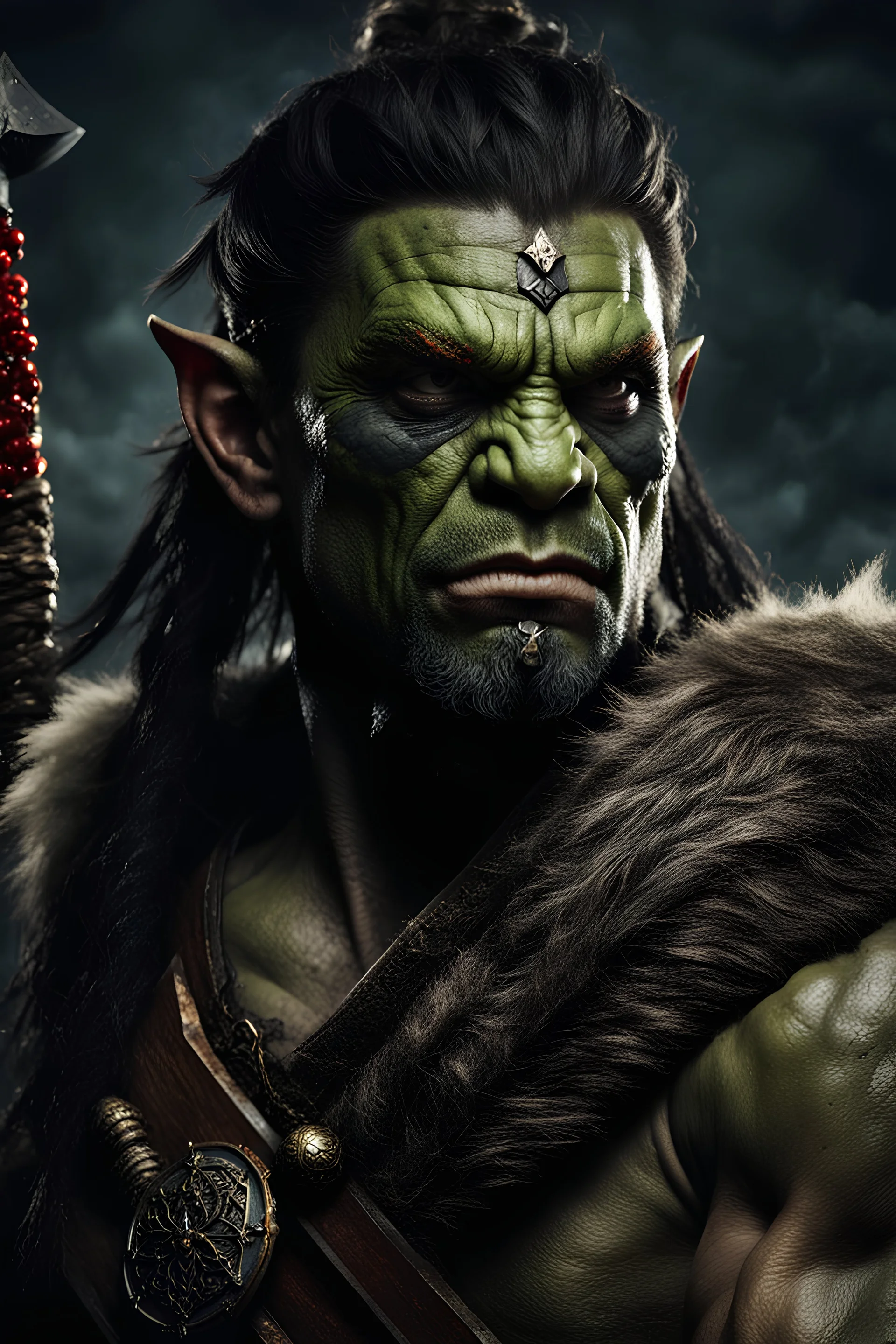 portrait of an orc warrior. braided hair. wearing ornaments. Carrying a battleaxe. High resolution. 4K. 8K. Fantasy style.