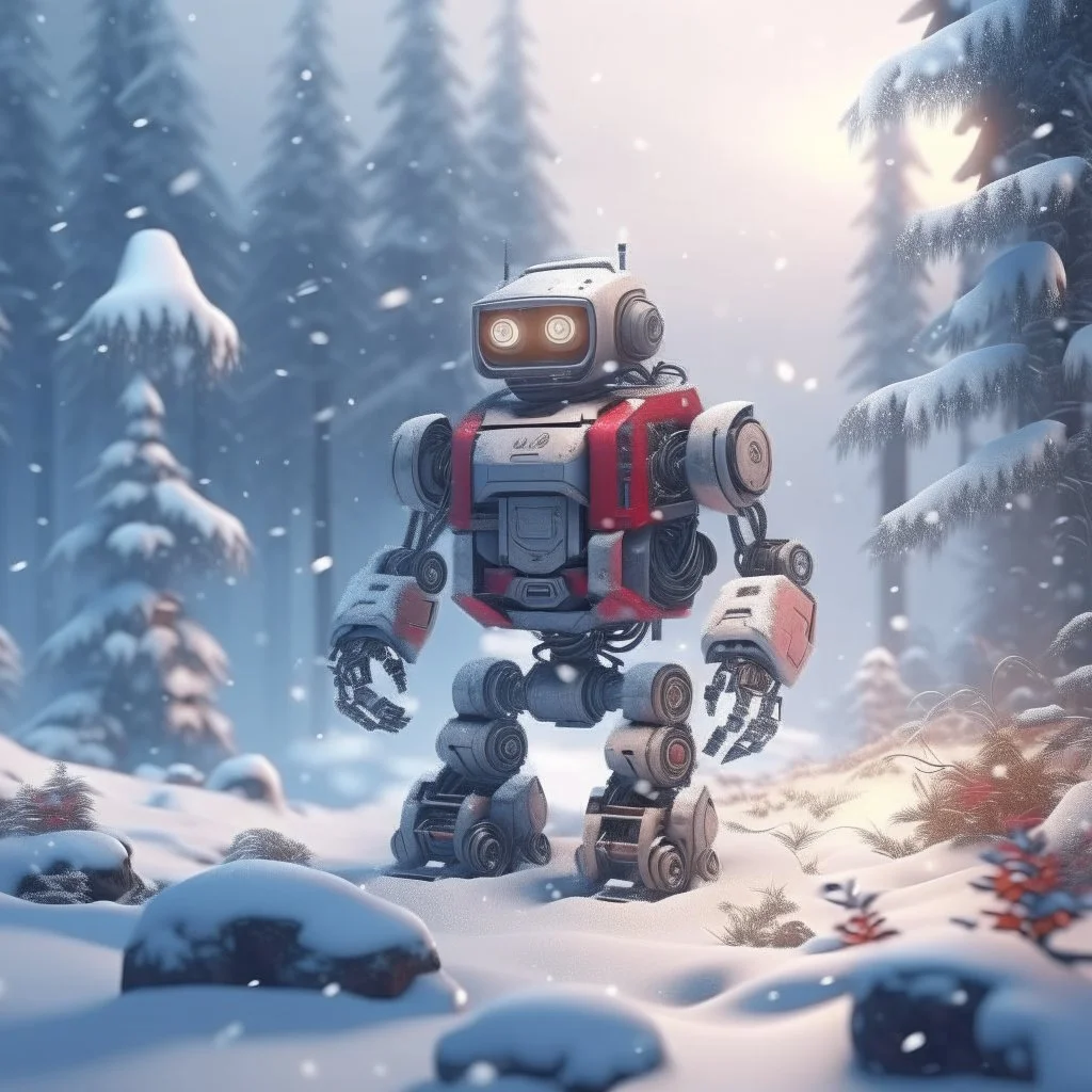 fat robot in santa claus outfit and presents in snowy misty forest, 8k, down-light, soft light, depth of field, photo realism, trending on art station, high detail