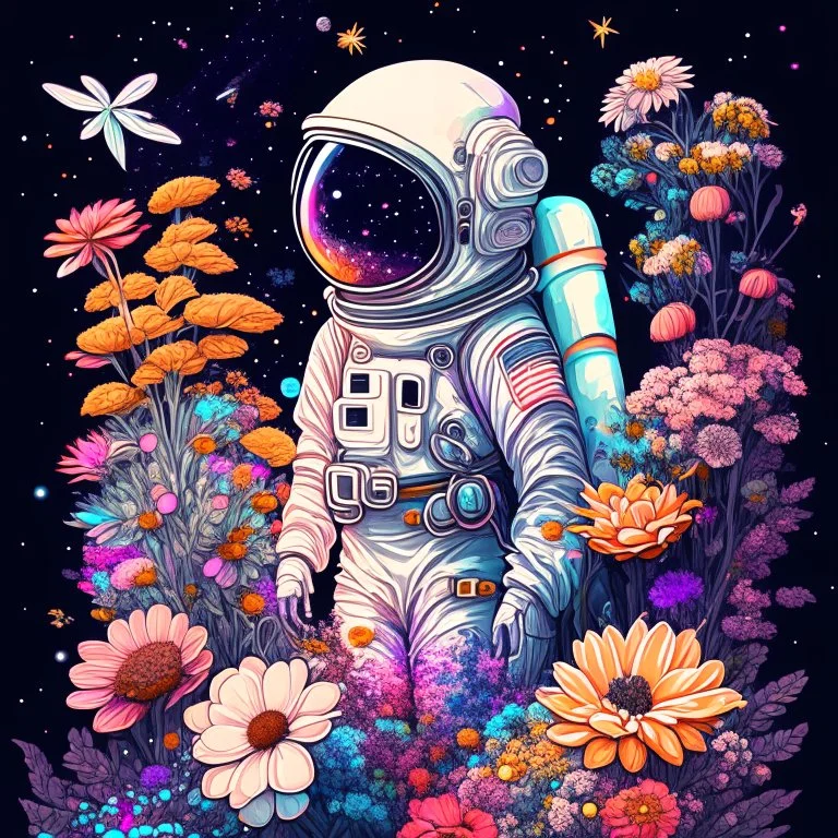 "floral astronaut" hand-drawn digital art, flowers everywhere, colorful garden, beautiful galaxy, REALISTIC, anime, 4k, high resolution, full details