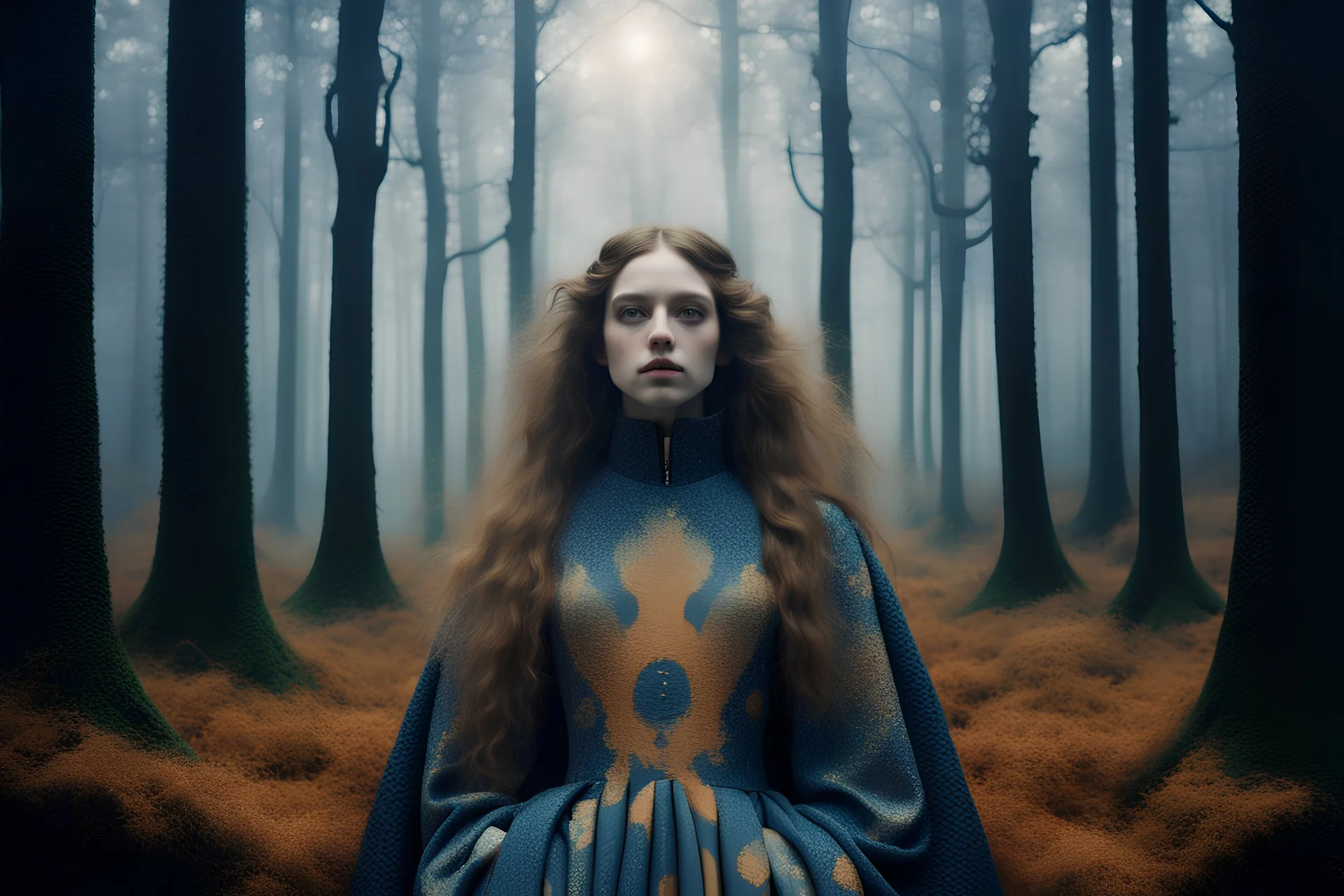 Henri-Edmond Cross HD tufting tapestry, Close-up photo, Otherworldly, young long hair beauty holy Joan D'Arc sisterhood Klimt, 3Dprinted Patrick Kelly Eiko Ishioka surreal fashion Avant-garde, Austrian Symbolism, arcane atmosphere, in the Dark Misty Forest, by Alejandro Jodorowsky