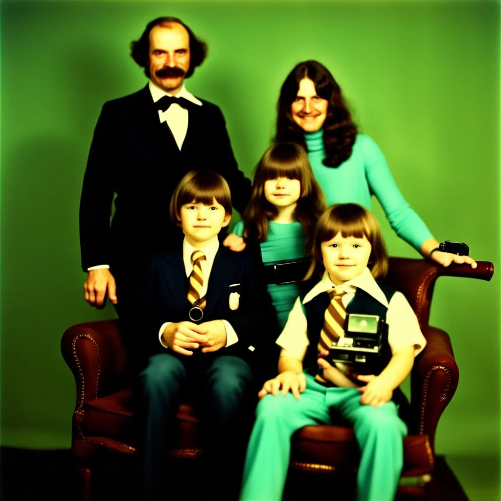 Awkward Family Photo, old and young sitting on chairs, weird smiling, long 1970 hair and mustasch, polaroid camera