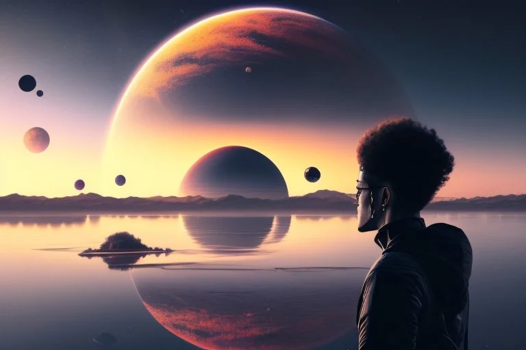 person seeing a grey exoplanet in the horizon, lagoon, sci-fi, very epic