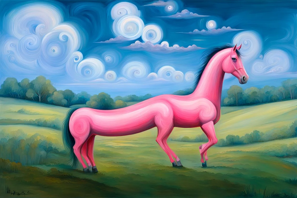 strange Big pink plastic horse.19th painting