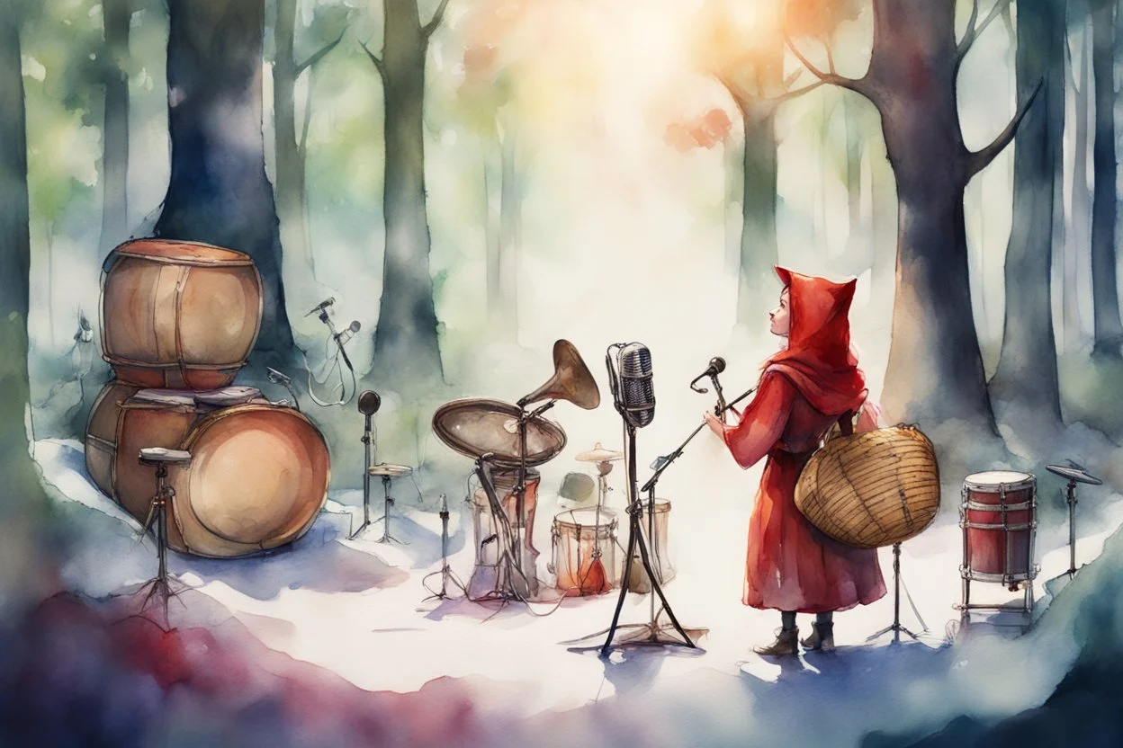 watercolor and ink, Stage, stand-up microphone, drums, guitars, speakers, forest, Hansel and Gretel, Snow White walking with Robin Hood, midwife with an iron nose, Little Red Riding Hood with a basket on her arm, wolf horn on her head in sunshine, ethereal, cinematic postprocessing, bokeh, dof