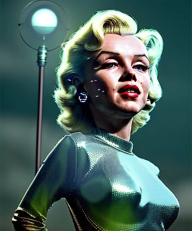 Ultra Realistic retro sci-fi 1960 scene, waist up view portrait, blonde woman, sweet young Marilyn Monroe face, perfect iris, tight latex coat, alien planet background, tight style, steel sphere dron levitating, fog, rain, soft color, highly detailed, unreal engine 5, ray tracing, RTX, lumen lighting, ultra detail, volumetric lighting, 3d, finely drawn, high definition, high resolution.