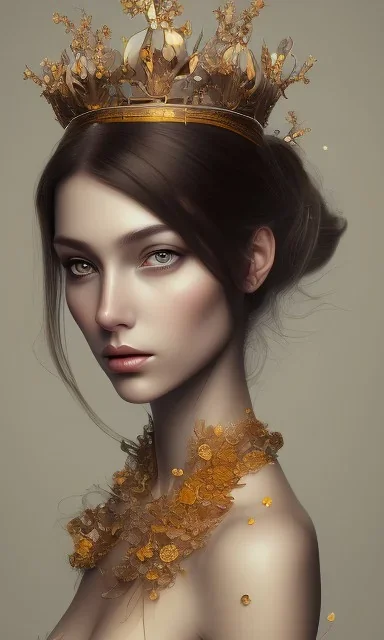 Portrait of beautiful women, correct facial symmetry, golden crown, dark brown hair, dark background, white flowers, loish style, painting, 8k, colorful, brush strokes,