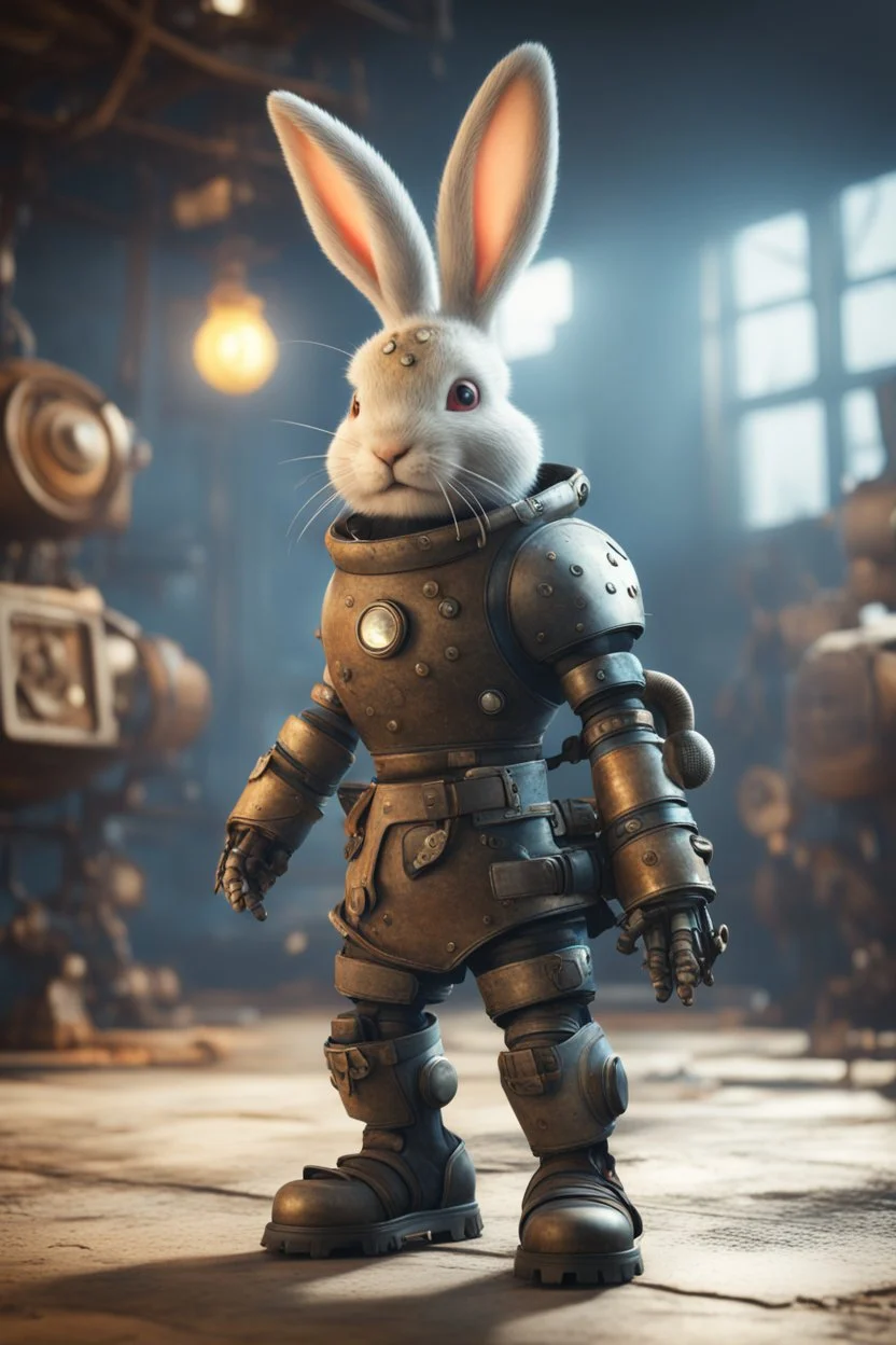 viking rabbit with rocket boots in fallout 4 setting, bokeh, downlight, prize winning, depth of field, trading robot monster in background, stereoscopic cartoon