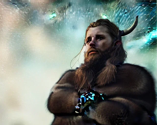 a sad and lonely viking looking up at the stars at night, hyper realistic, 8k, insane detail, atmospheric background, crying eyes, big fur coat, long braided hair, sharp focus, soft background, dynamic lighting, viking helmet, night time