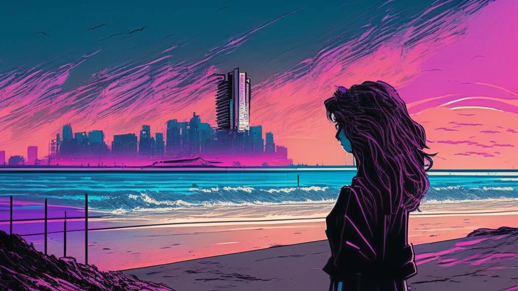 synth-wave beach & city, lone girl, iconic:1.8), comic style
