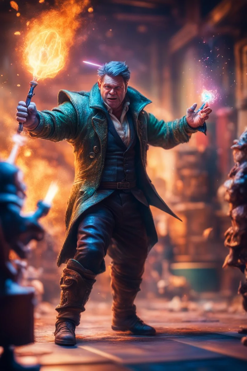 pen outline portrait of rad mad starlord magician smashing juggler thief master casting magic missile spell on big ogre by neon wall , prize winning oil painting,bokeh like f/0.8, tilt-shift lens 8k, high detail, smooth render, down-light, unreal engine