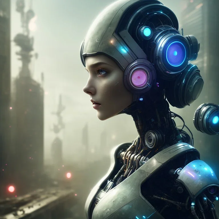 portrait,beautiful robot, post-apocalyptic in a cyberpunk city, realistic, intriacte detail, sci-fi fantasy style, volumetric lighting, particales,highly detailed,cinamatic, deep colours,8k