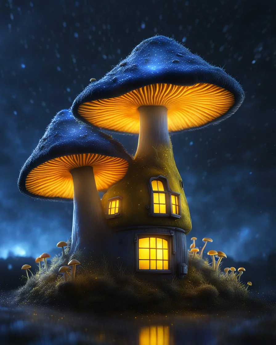 A solitary floating mushroom house on a clear night. silver and blue and yellow, Dark cosmic interstellar. Detailed Matte Painting, deep color, fantastical, intricate detail, splash screen, hyperdetailed, insane depth, concept art, 8k resolution, trending on Artstation, Unreal Engine 5, color depth, backlit, splash art, dramatic, High Quality Whimsical Fun Imaginative Bubbly, perfect composition