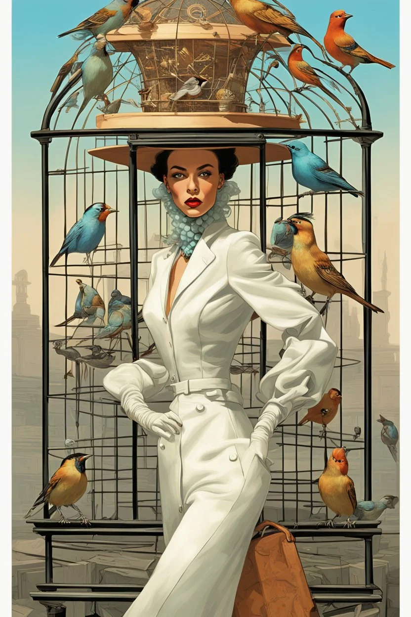 Fashionista wearing a surreal hat which holds a bird cage with birds in it, surreal concept art, by Moebius, by George Grie, by Greg Simpkins, concept art, hyperreal, cool complementary colors.