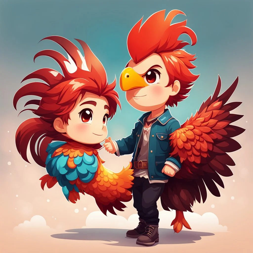 Ilustración estilo chibi de un niño con un gallo gigante calidad ultra