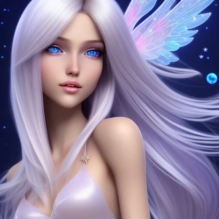  beautiful, soft, smiling, long and straight blonde hair, bluish background, fairy wings on the back