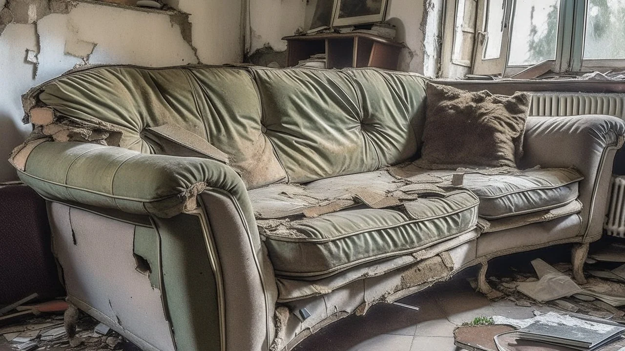 warped and dilapidated couch in living room