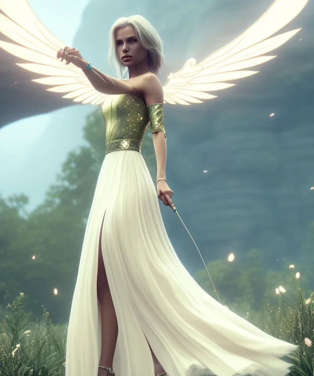 subtle queen, atmospheric, realistic, unreal engine, cinematic lighting, octane render, transparent long dress, blonde, full body, bright wings, smile, long hair