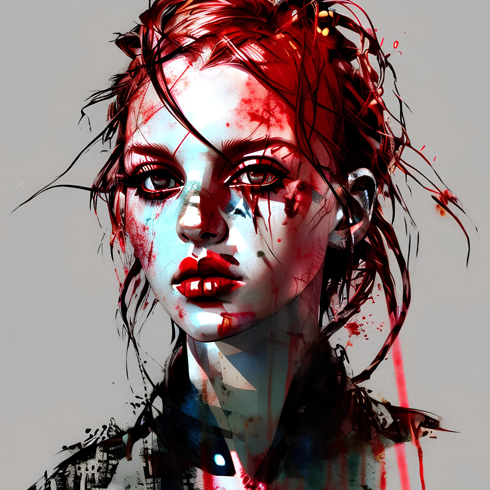 Singer Danish MØ face, illustration in the style of <Yoji Shinkawa> , darkred tones,