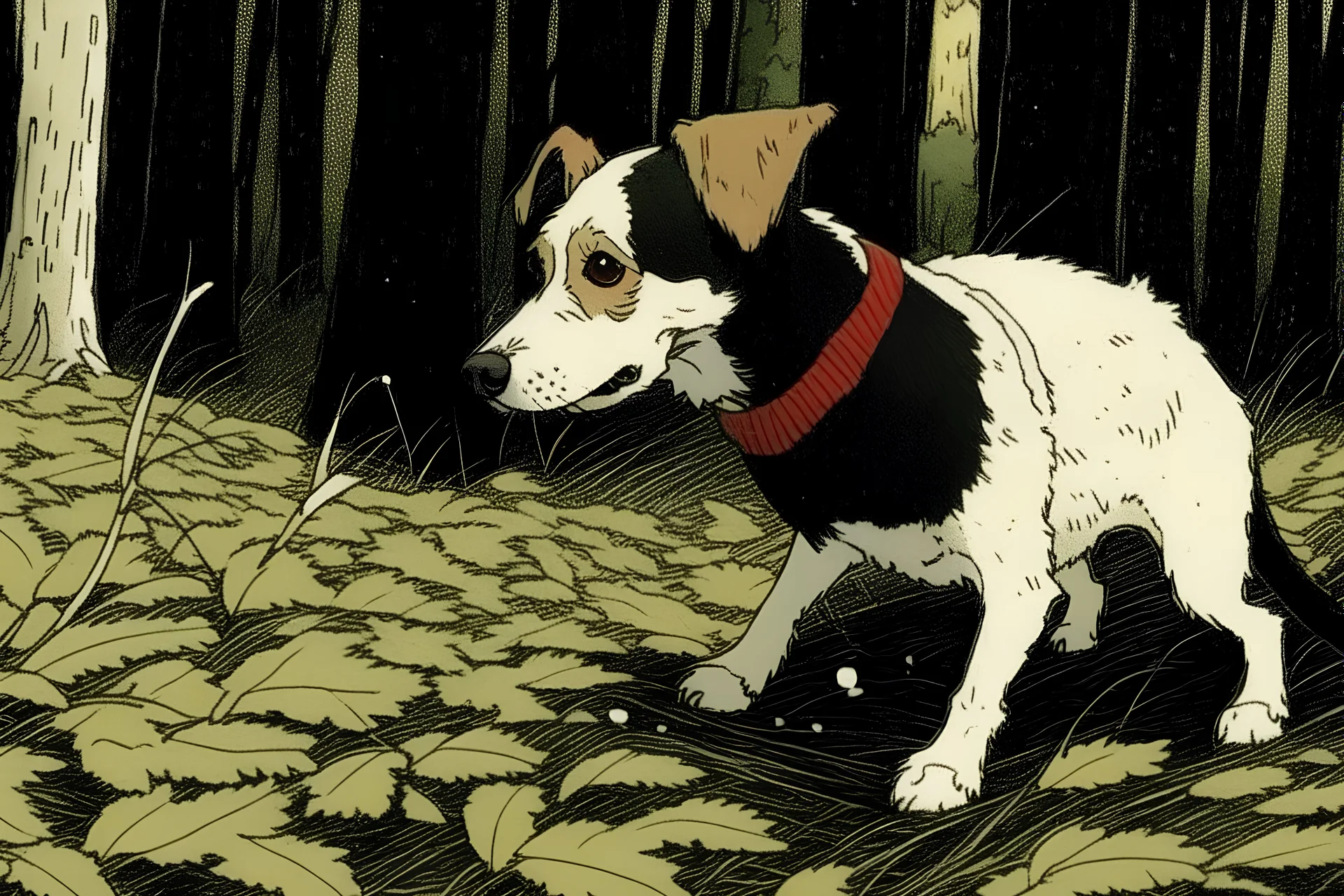 short-haired dog, playing fetch in the woods by Hayao Miyazaki