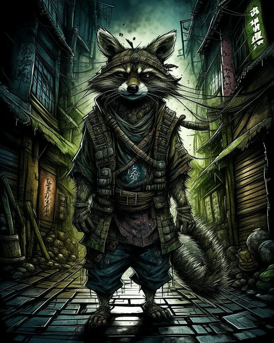 highly detailed concept illustration of an alternate reality ancient China samurai racoon wanderer in dark street, maximalist, highest resolution, in the styles of Alex Pardee, Denis Forkas, and Masahiro Ito, boldly inked, 8k, coarse, gritty textures