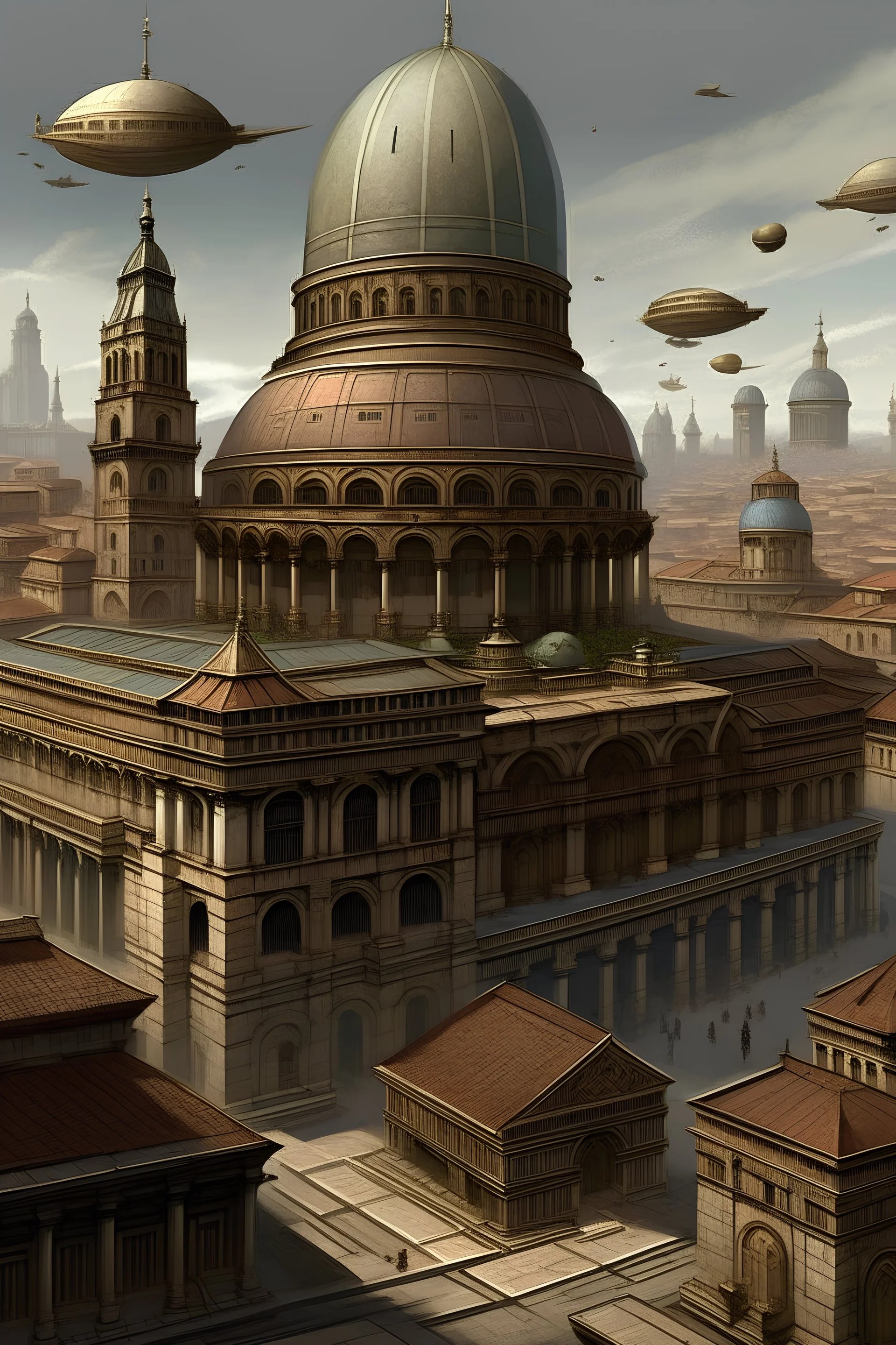 "Describe a Roman-inspired castle surrounded by a city where zeppelins fly overhead. Capture the Roman architectural elements of the castle, such as columns, domes, and marble adornments. Depict the blend of ancient and modern in the city, with streets featuring both Roman-style columns and structures from the World War I era