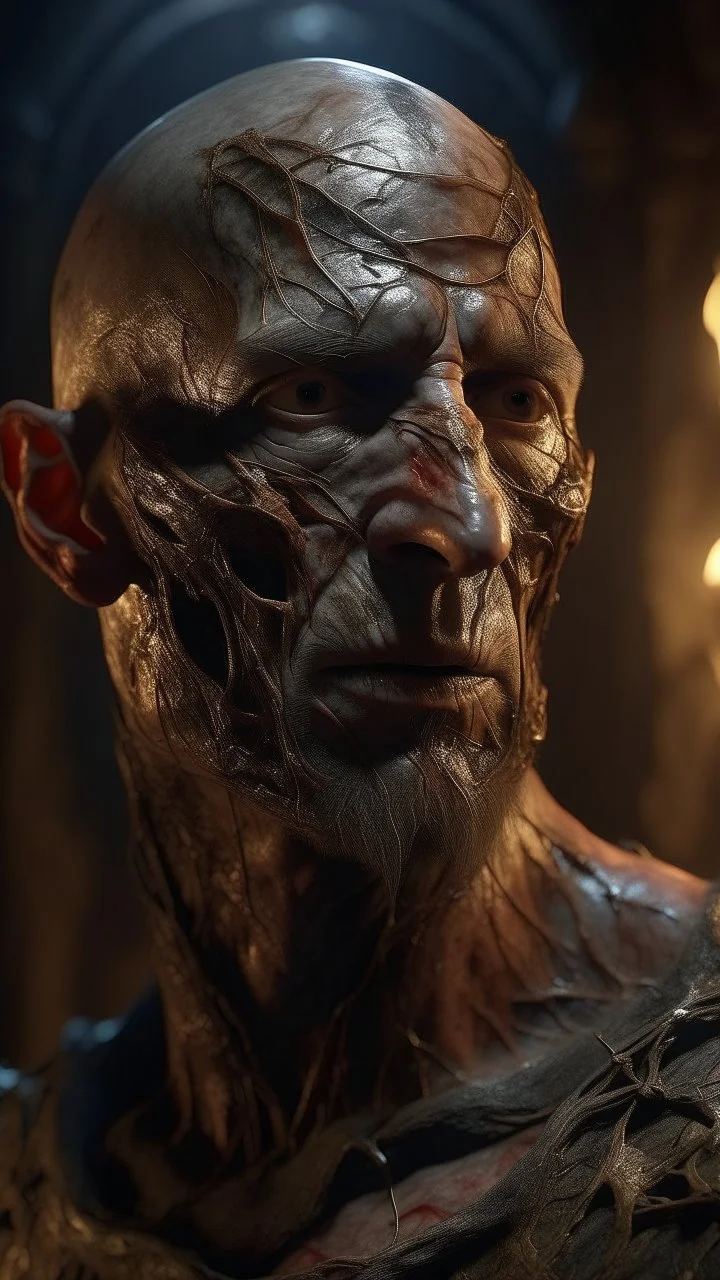 Busch painting style nightmare, a zoomed view man his head is a broken metallic skin texture in a 3d rendering full-height image of a grim and dark scene. Ensure the final images exhibit the utmost quality, with the play of a torch-lit dungeon encompassing 4K, 8K, and 64K resolutions, with 3D rendering that manifests in photorealistic, hyperrealistic, and highly detailed representations. Employ techniques such as HDR, UHD,