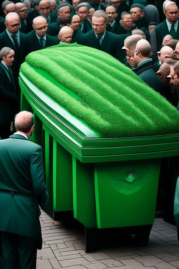 A funeral where a lot of people carry green coffins with high-quality detail and precision .