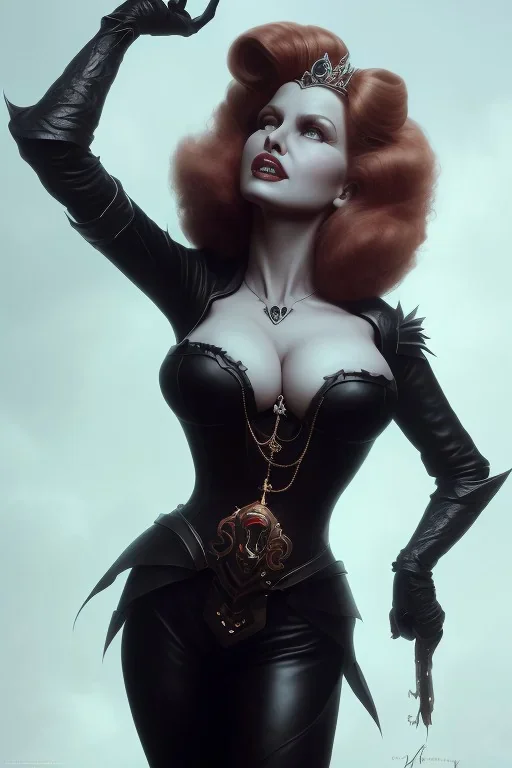 Rita Hayworth as evil queen in black leather, busty, cleavage, curvy, angry, stern look. character design by cory loftis, fenghua zhong, ryohei hase, ismail inceoglu and ruan jia. unreal engine 5, artistic lighting, highly detailed, photorealistic, fantasy