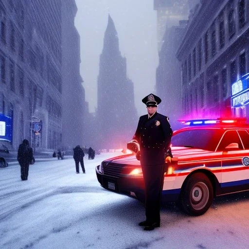 large muscular police officer standing, beside a police car at night, downtown snowy new york at night, dramatic, dramatic lighting, volumetric lighting, hyperrealism, 8k, high quality, photorealistic, lot of details