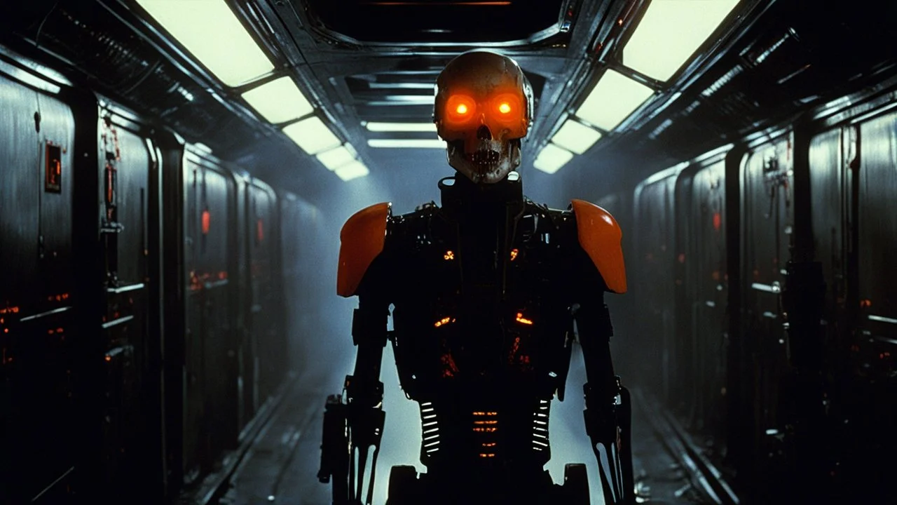 [Blade Runner (1982)] skeletal android with internal mechanisms and orange glowing eyes in blood soaked spaceship corridor