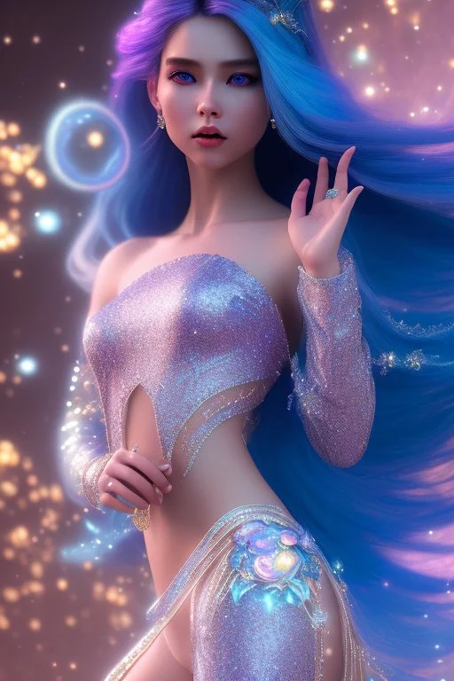 woman glitter blue fairy in a galactic ambiance, long blue hair, detailed gorgeous smile, delicate colors in the foreground, full of details, smooth, light effect，vaporwave colorful, smooth, extremely sharp detail, finely tuned detail, ultra high definition, 8 k, unreal engine 5, ultra sharp