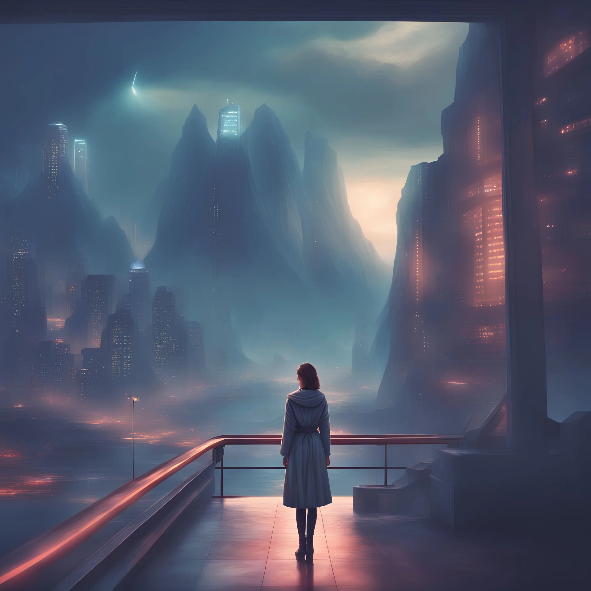 blade runner atmosphere,big city at night, UFOs in the sky, futuristic buildings.mountains, lake ,beautiful realistic girl in the front