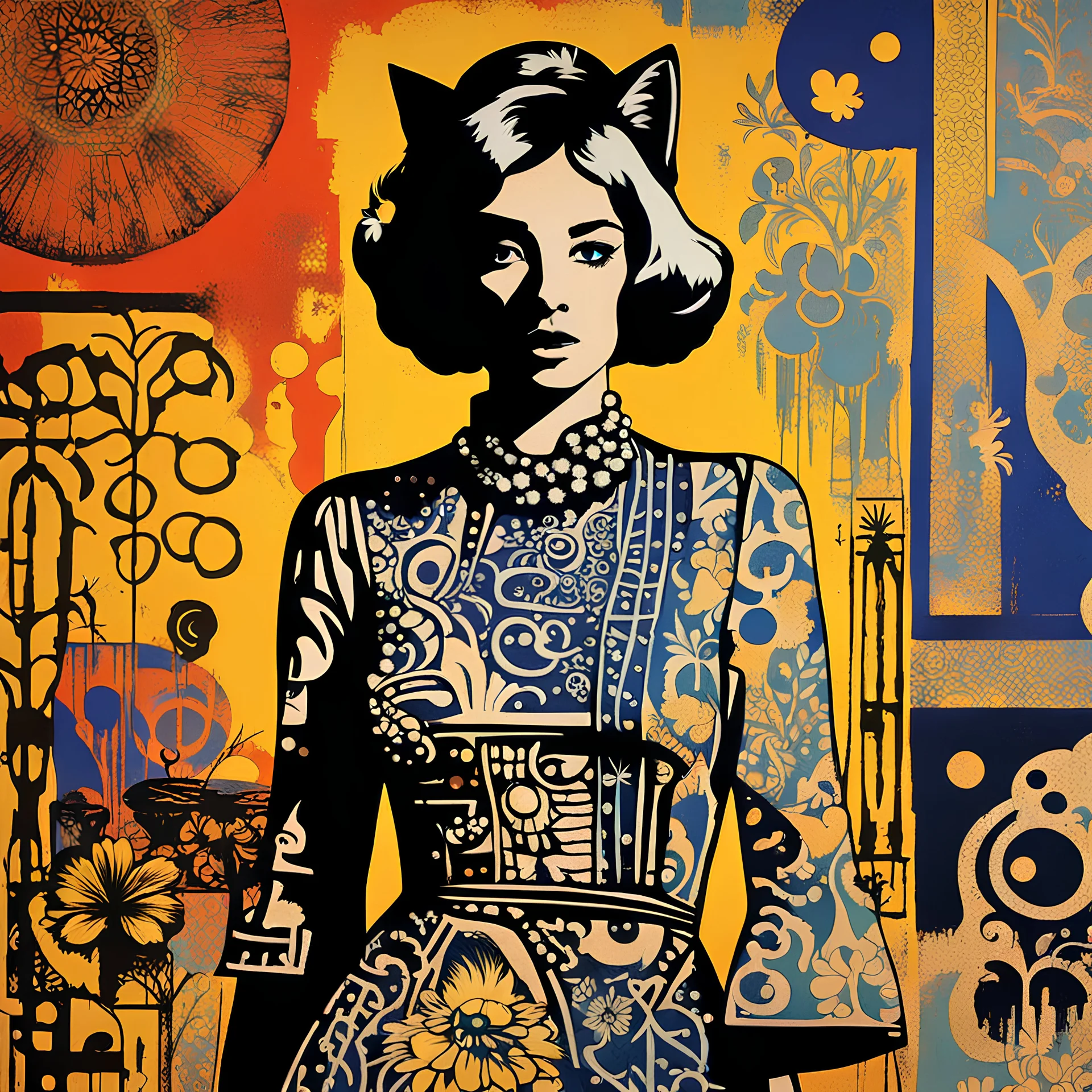 layered stencil layered rubberstamp Chiaroscuro art brut 1960s by Warhol Moody woman wearing an antique dress cat vibrant details shadow and light by basquiat beatnik tiki background deco wallpaper by maxfield Parrish