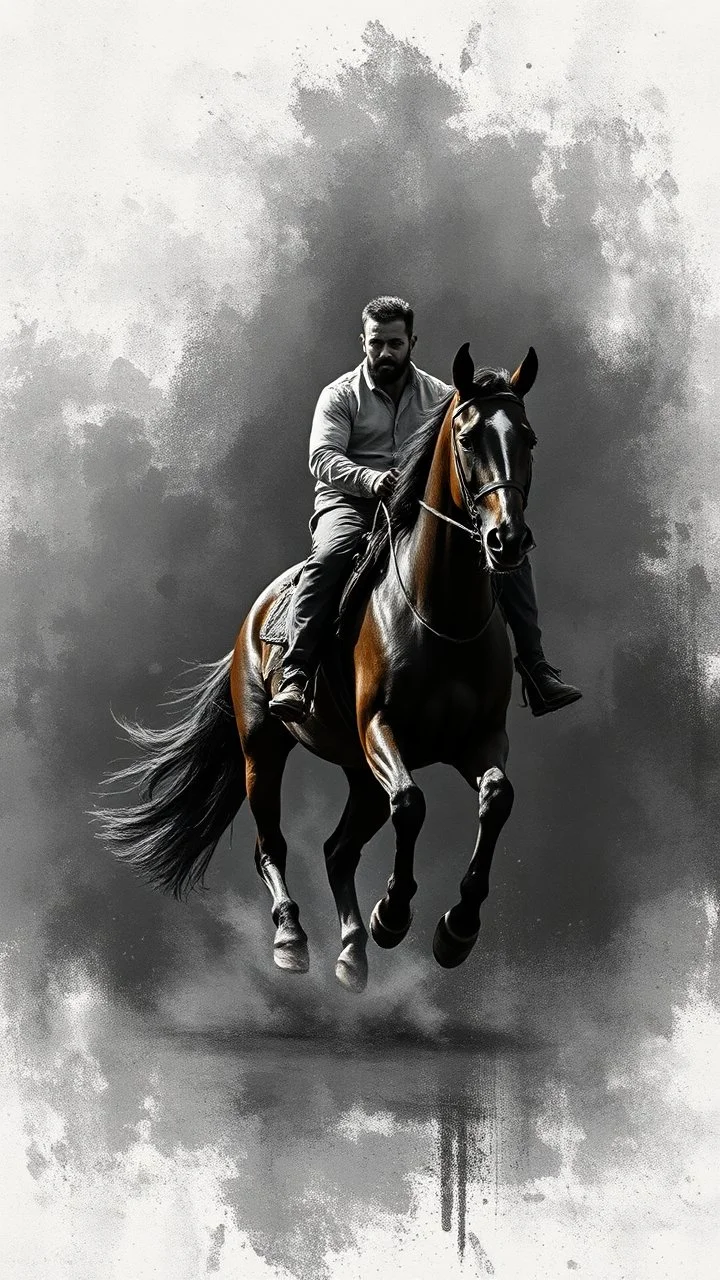 A man on horse in a Hyper Realistic Aerial Grungy Dark-Grey Brush strokes on a dark rustic background with charcoals