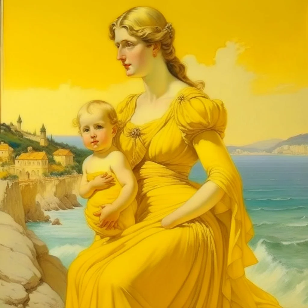 Neoclassicism realistic yellow cote d'azur sea woman with child