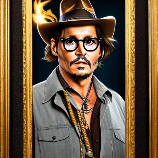 portrait of johnny depp as indiana jones with a golden cross in hand, in studio