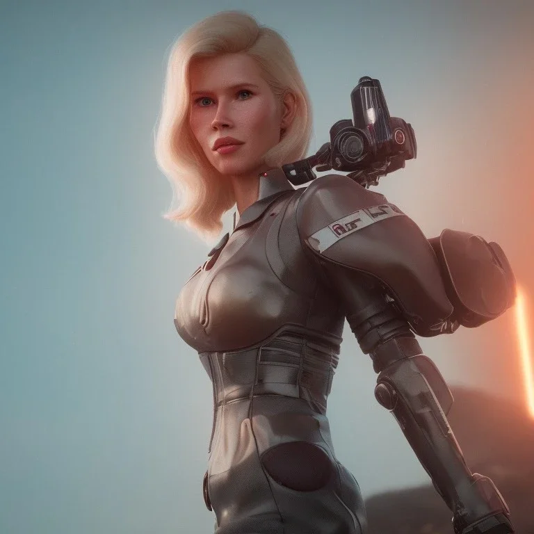 Ultra Realistic retro sci-fi movie scene, waist up view portrait, blonde woman pointing a gun, sweet young Claudia Schiffer face, perfect iris, glow eyes, makeup, weapon. Drones background, Retro sci-fi style, helmet, tight latex coat, fog, rain, soft color, highly detailed, unreal engine 5, ray tracing, RTX, lumen lighting, ultra detail, volumetric lighting, 3d, finely drawn, high definition, high resolution.