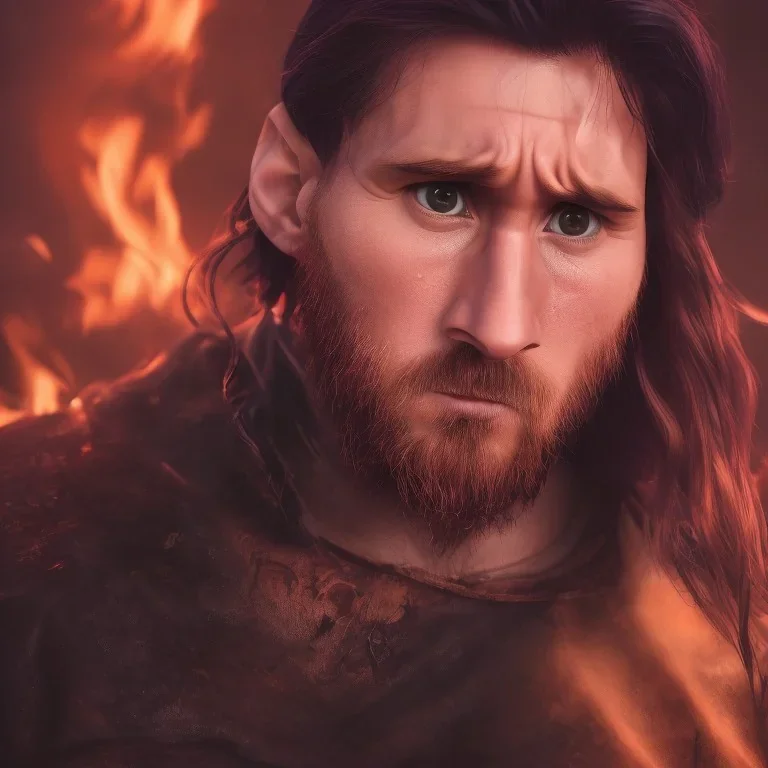 portrait photography of perfect face lionel messi crying, Fire theme art, Dark moody night atmosphere, 8K, close-up face, ignore NSFW,magic,city, steampunk, chief ,apocalypse, set , sorrow,cyborg,