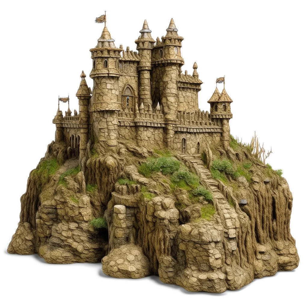 A brown fortress with rocky hammers designed in Maori sculptures painted by Claude Monet
