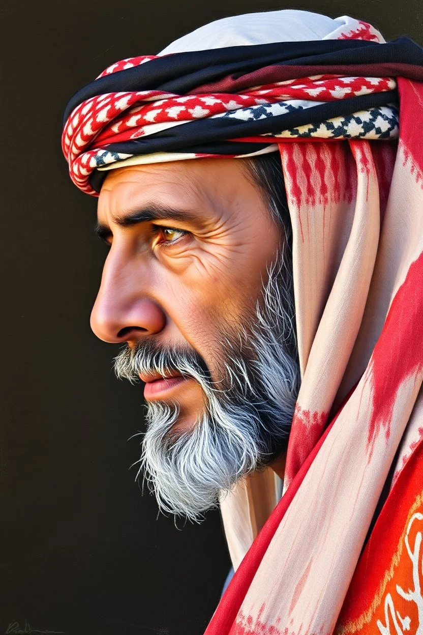 A Palestinian man, forty years old, wearing a keffiyeh, his face is beautiful, his face is turned to the right, his eyes are looking to the left, he appears to be drawn with oil paints