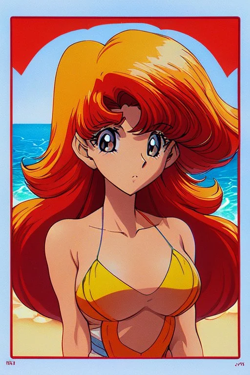 1girl, retro anime, 80's, redhead,portrait, synth-wave, beach