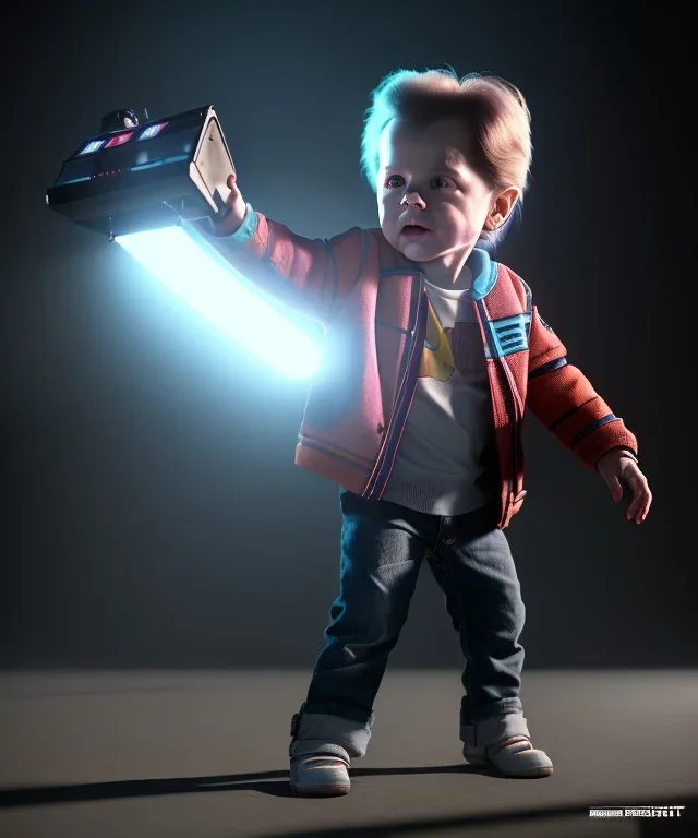 Marty mcfly toddler, full body, delorean, dramatic lighting, hyper realistic