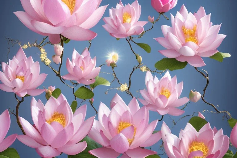 a magical crystal flower lotus magnolia lys bougainvillier, blue gold house russian palace castle in the woods, magnolias pink,blue lake,sun,white swanns,pink vertical, blue lake,sharp, vines, candlelit, endor, ornate, elegant, highly detailed, artstation, concept art, smooth, sharp focus, illustration, 8k, splash art, wallpaper, key visual