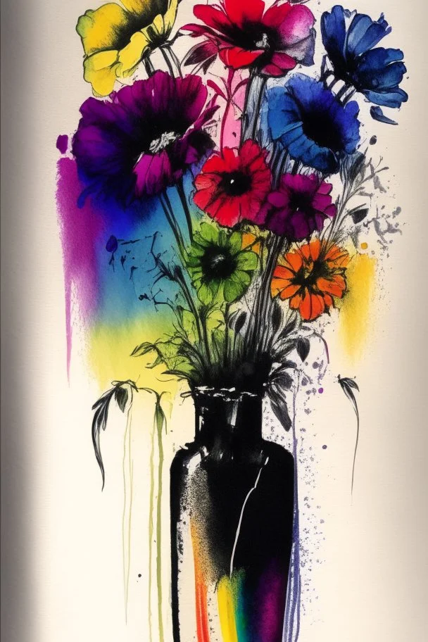 Pen, ink and oil transfer print of flowers in a vase in rainbow colours