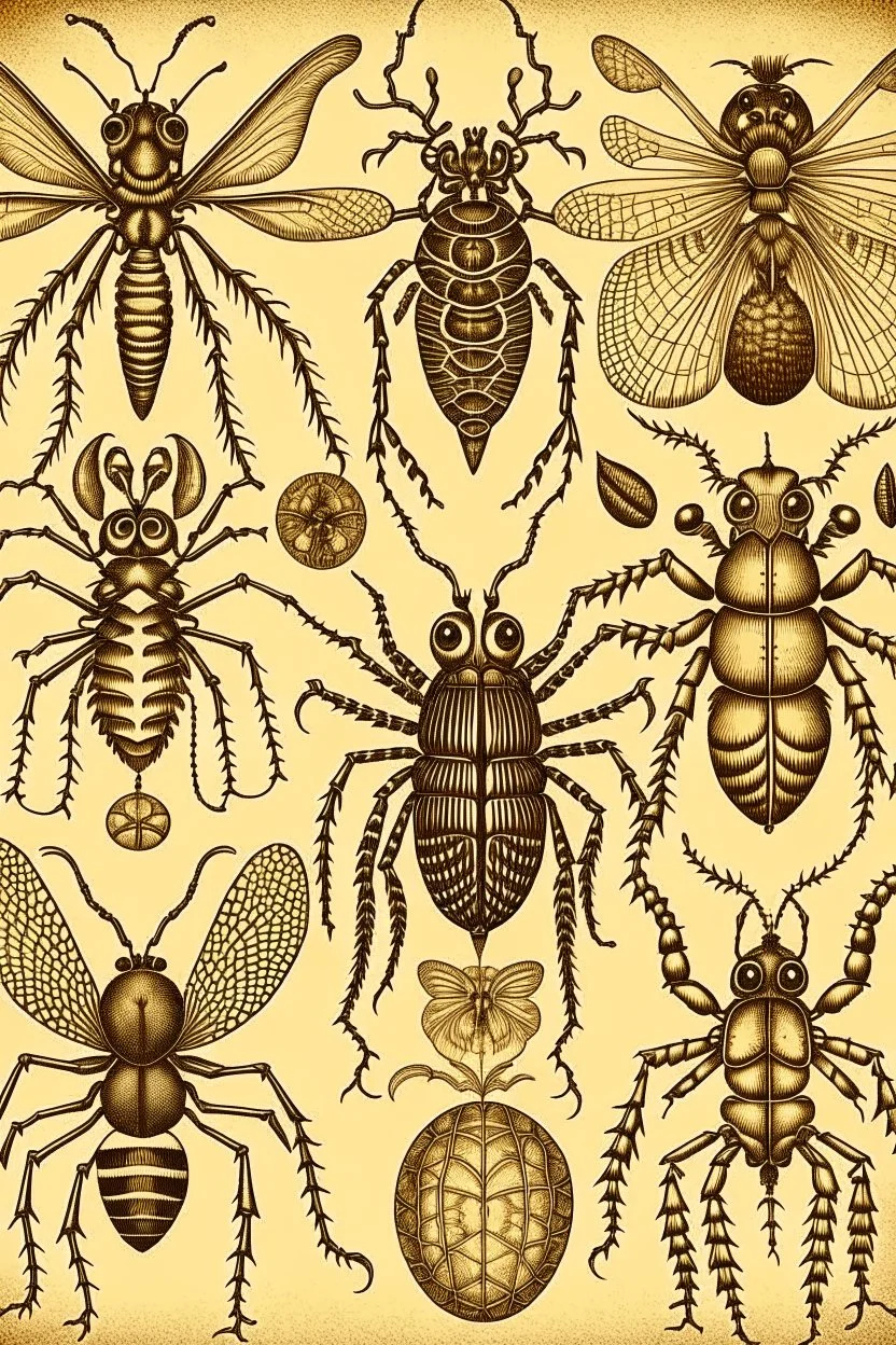 vintage, gothic, steampunk drawings of insects, sepia toned